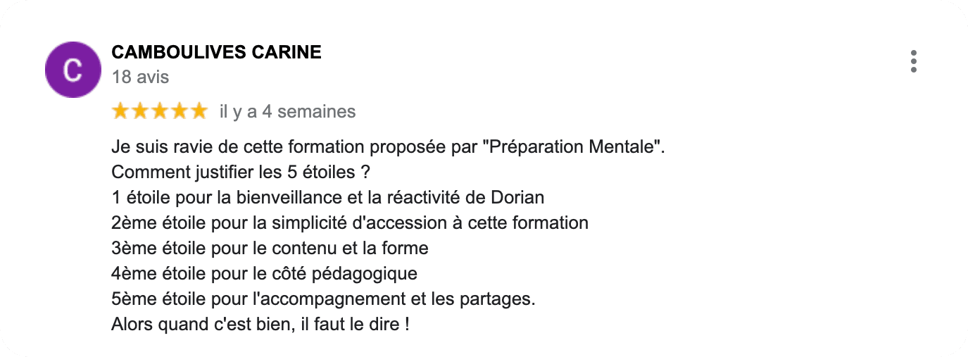 Formation Préparation Mentale PNP Avis client Google Coach Camboulives Carine