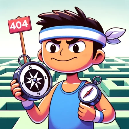 dalle-2023-12-02-20-08-29-a-cartoon-character-wearing-a-sports-headband-and-holding-a-compass-looking-determined-and-optimistic-in-a-maze-theres-a-floating-404-sign-above